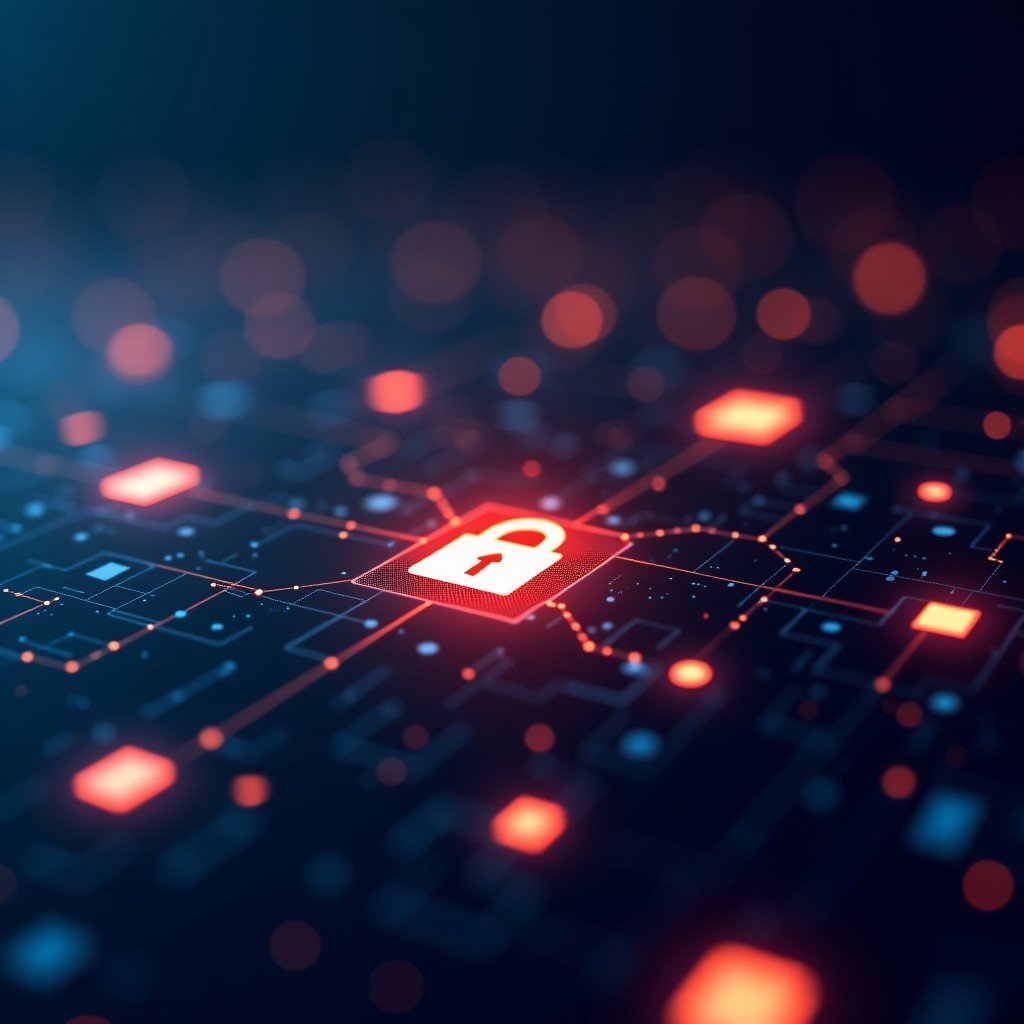 Abstract representation of digital security and data encryption, glowing geometric shapes in a dark tech background, cinematic lighting, 16:9 aspect ratio