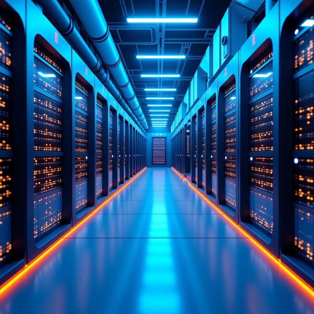A futuristic digital representation of a data center with glowing blue and orange light circuits, high-tech cooling infrastructure, clean and modern aesthetic, isometric view, wide angle, 4:3.