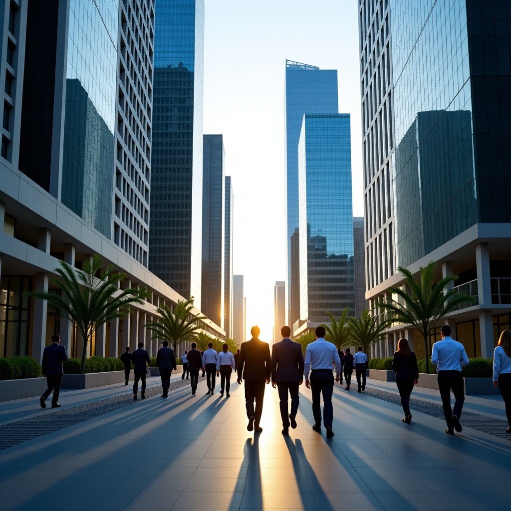 Modern business district in Dubai with professional people walking, high-end office buildings in the background, daytime, realistic photography, cinematic lighting, 4:3 aspect ratio.
