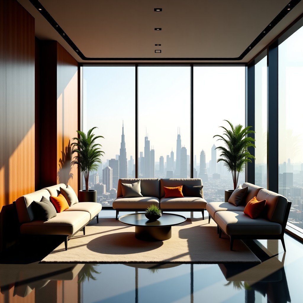 Interior of a luxurious high-rise lounge in Dubai overlooking the city, modern furniture, professional atmosphere, natural light, 4:3 aspect ratio.