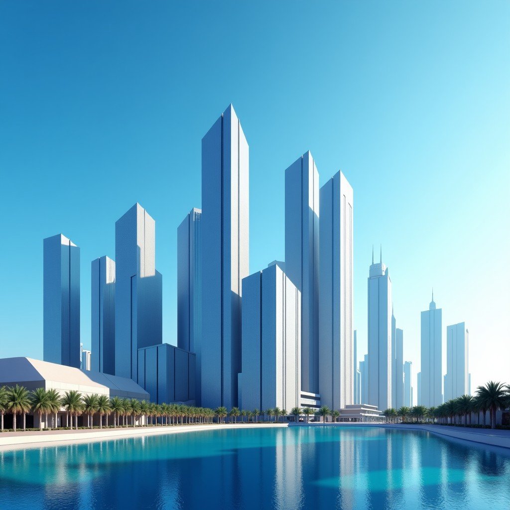 A detailed view of modern architectural projects in Dubai, blue sky background, soft lighting, sharp focus, 4:3 aspect ratio.