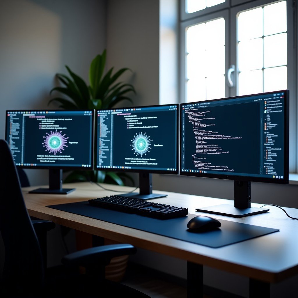 A professional workspace with multiple monitors displaying programming code and neural network graphs, minimalist design, natural soft lighting, 16:9 aspect ratio.