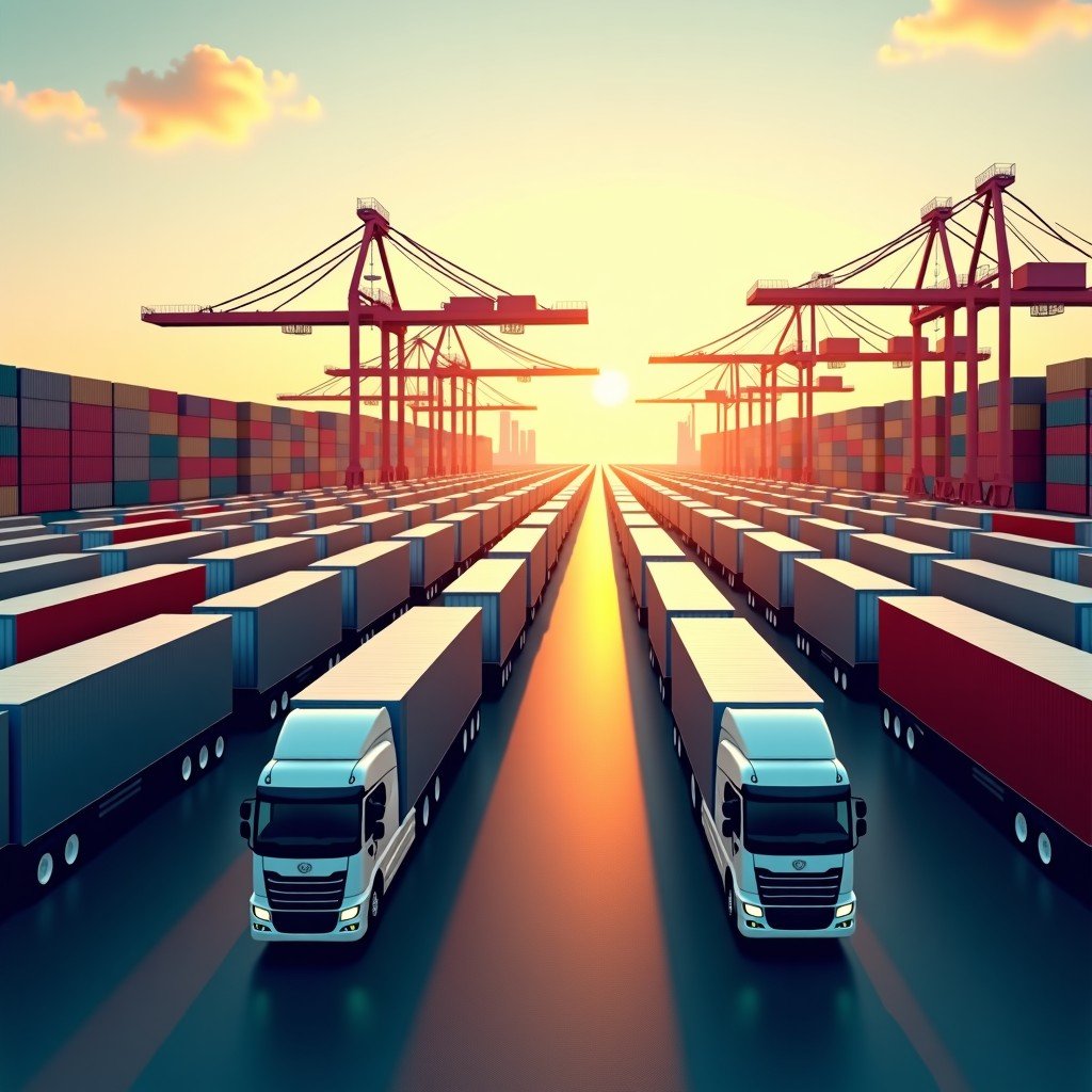 Rows of modern passenger vehicles parked at a large industrial port waiting for export, realistic, industrial design, warm daylight, 4:3