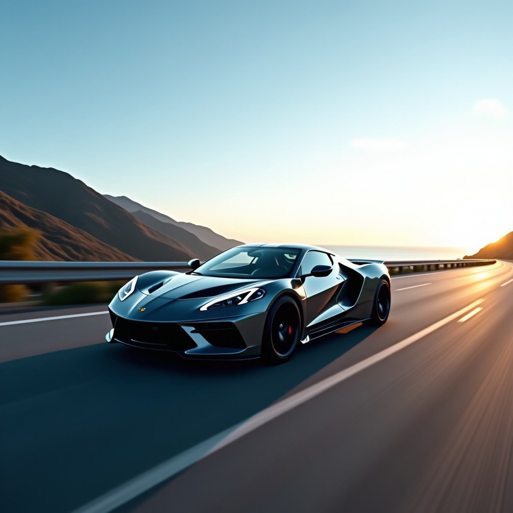 A sleek modern car moving along a vast coastal highway, soft natural lighting, detailed composition, professional automotive photography, 4:3