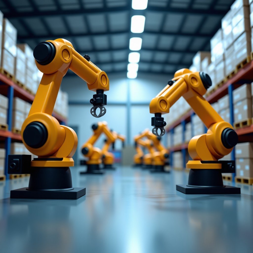 Robotic arms and automated guided vehicles working in a modern warehouse, clean industrial environment, cinematic lighting, realistic photography, 4:3.
