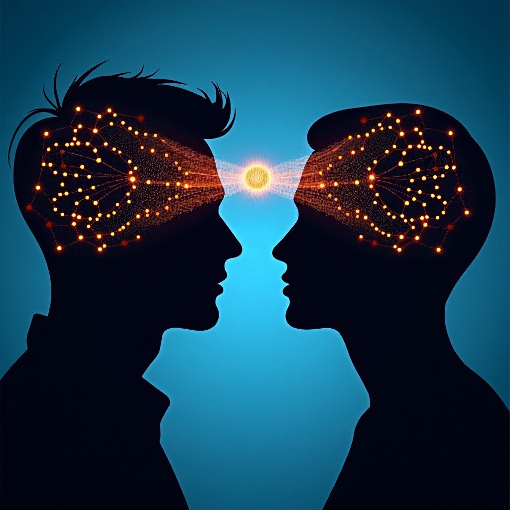 A conceptual image of human silhouettes and digital neural networks merging, deep blue and orange color palette, professional photography, high contrast, 4:3.