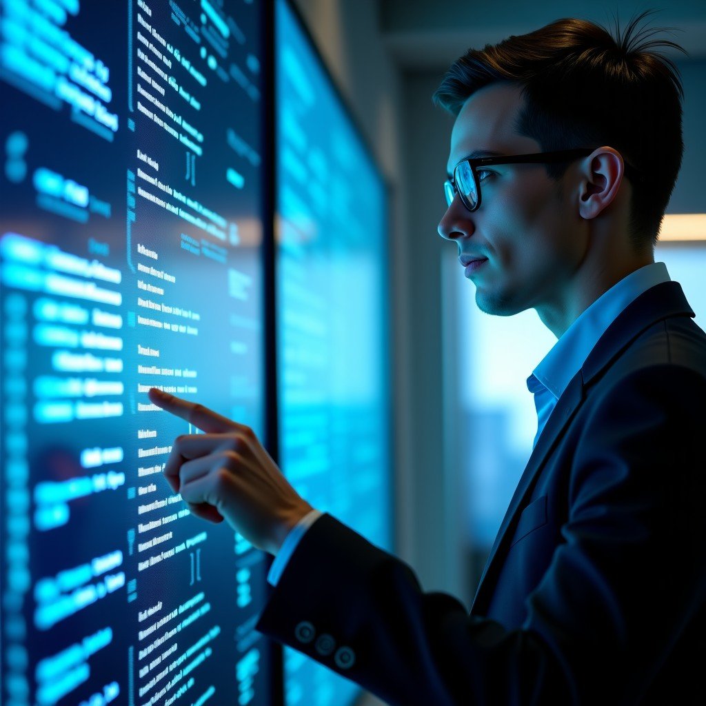 A focused professional looking at holographic data projections, futuristic business atmosphere, sharp focus, clean composition, 4:3.