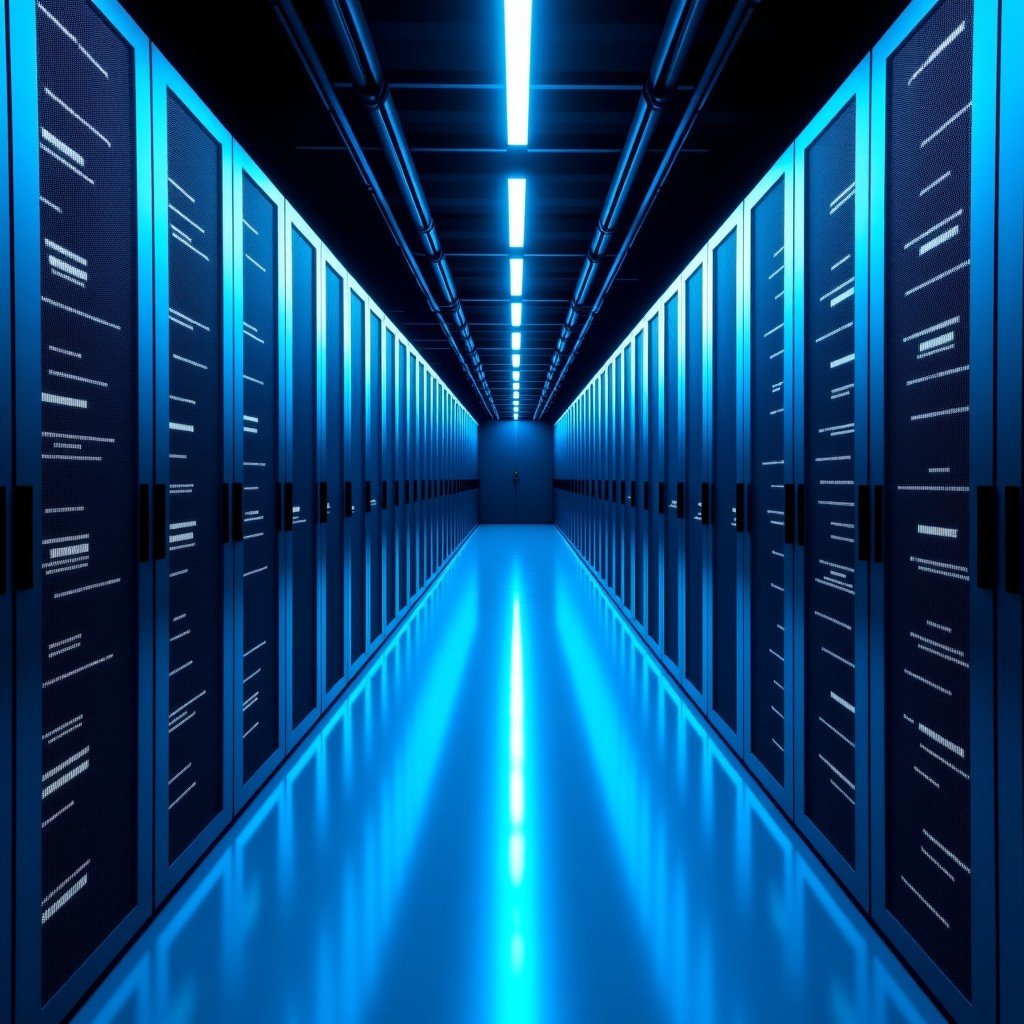 High-tech data center interior with rows of blue LED illuminated server racks, symmetrical perspective, clean modern engineering look, industrial photography style, 4:3 aspect ratio.