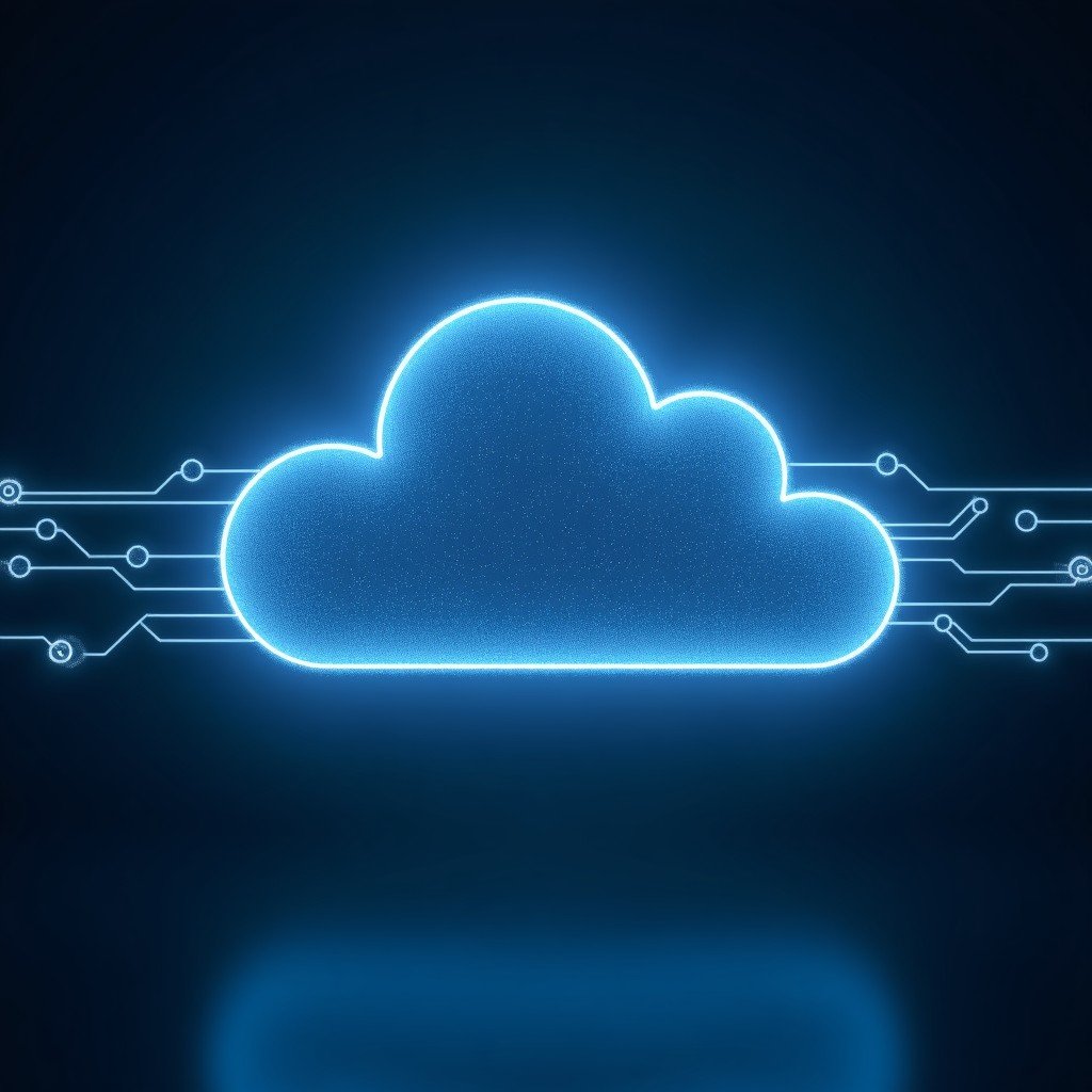 Conceptual art of glowing digital nodes connected by light trails forming a cloud network, deep blue background, futuristic and clean, cinematic lighting, 4:3 aspect ratio.