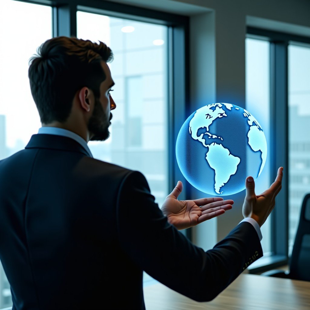 A professional person looking at a digital holographic globe in a modern office, concept of global business strategy, soft natural window light, realistic style, 16:9 aspect ratio.