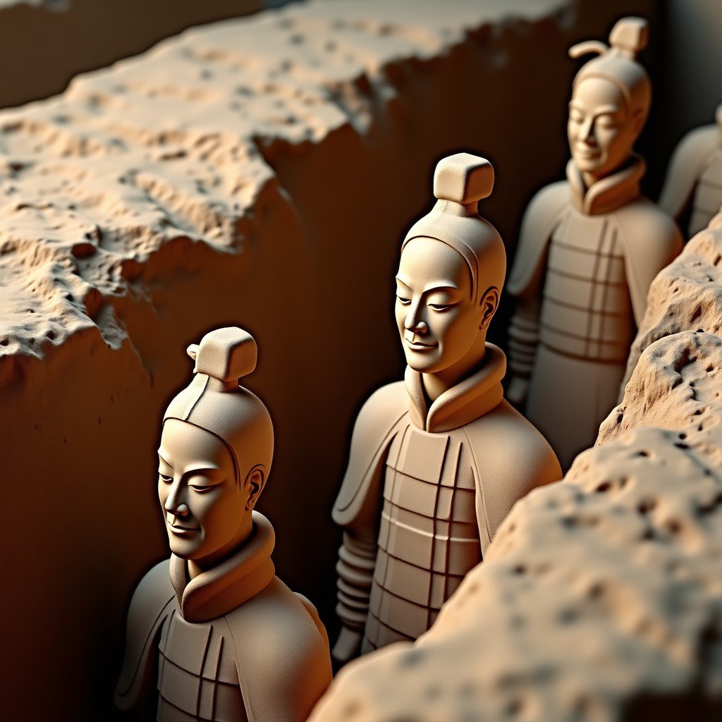 Close-up realistic photography of terracotta warriors in a detailed excavation pit, ancient clay texture, soft museum lighting, historical artifacts, 4:3.