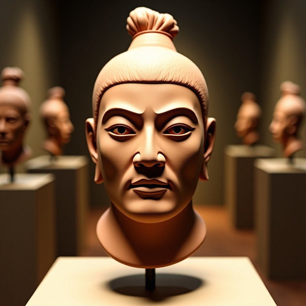 Detailed artistic composition of a single terracotta warrior head, fine clay textures, archaeological display, museum environment, soft focus background, 4:3.