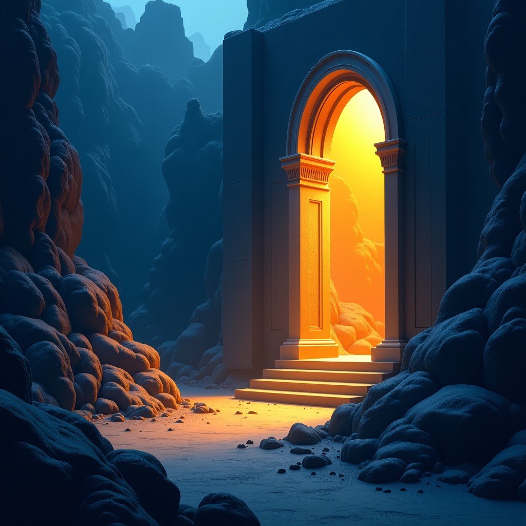Atmospheric artistic illustration of the underground mausoleum entrance, glowing ancient architecture, mythical atmosphere, cinematic lighting, 4:3.