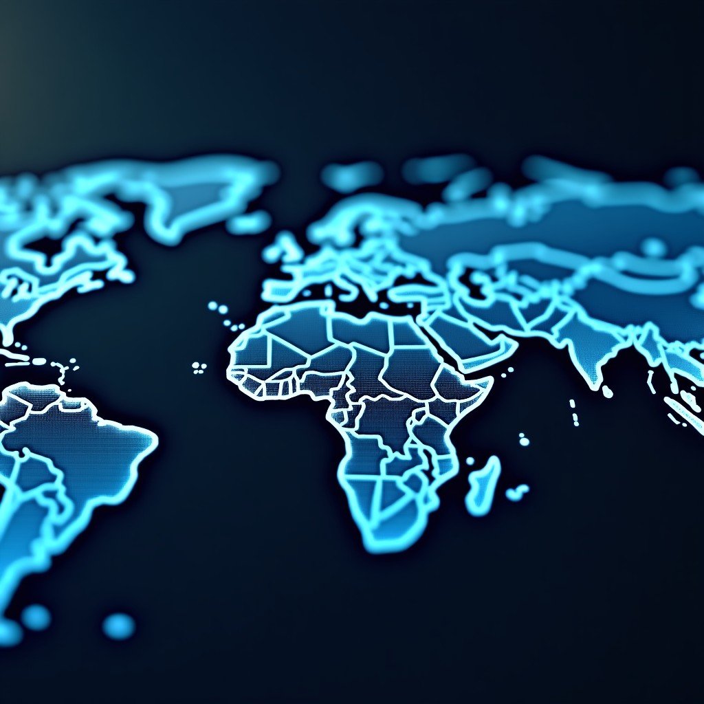 Global digital communication network with interconnected nodes and lines, modern tech aesthetic, professional, 16:9.