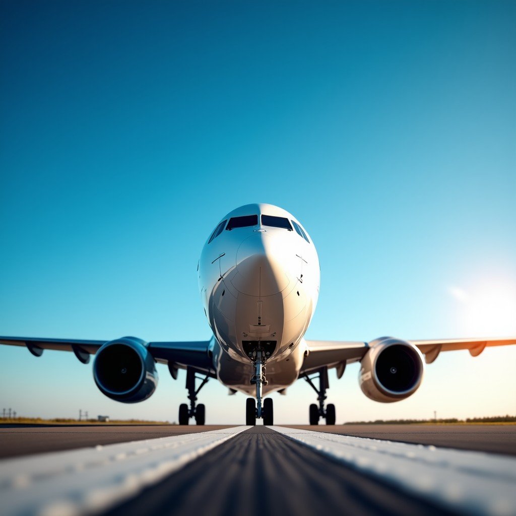 A modern commercial airplane taxiing on a runway during a bright sunny day, clear blue sky, focus on the engine and wing detail, cinematic photography, 16:9 aspect ratio