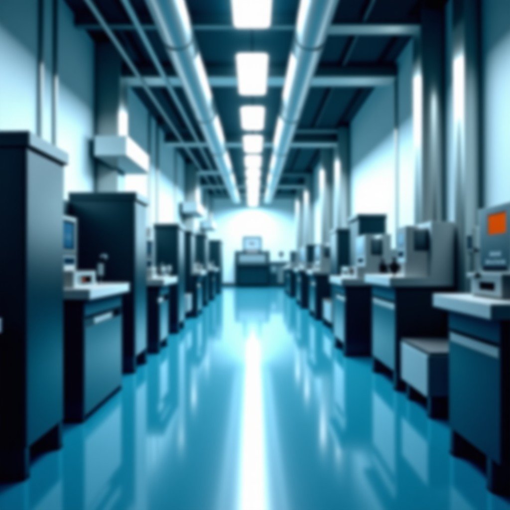 Clean room environment in a semiconductor manufacturing facility with high-tech equipment and subtle lens flare, modern industrial aesthetic, realistic photography, 16:9 aspect ratio