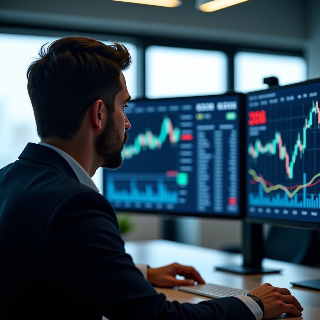 Close-up of a professional investor monitoring digital stock market trends on multiple screens in a modern office, clean layout, depth of field, realistic photography, 16:9 aspect ratio