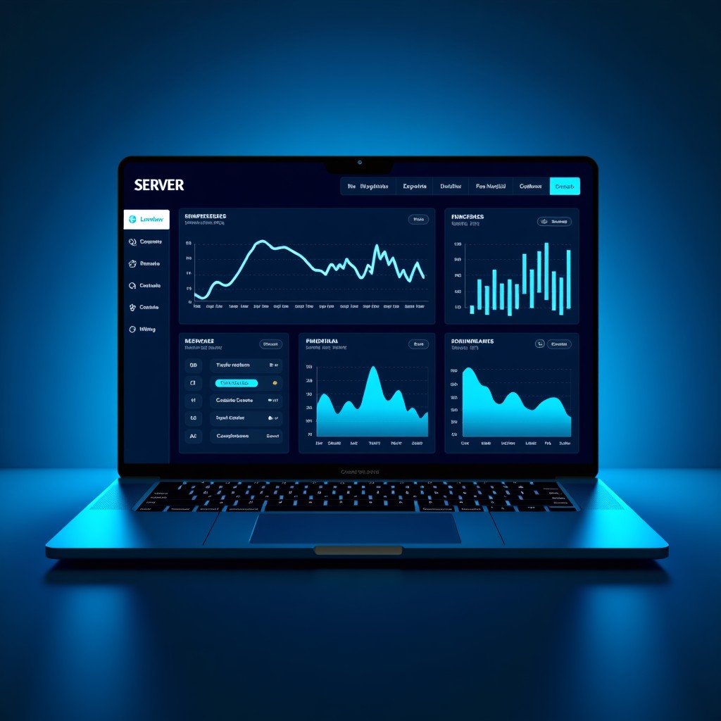 Professional dashboard interface showing server monitoring and network traffic analysis, dark background with neon blue accents, high resolution, 4:3 aspect ratio