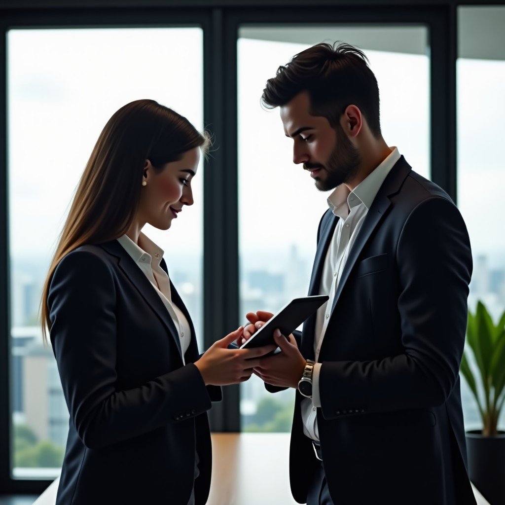 Two professionals discussing business strategy with a digital tablet in a modern office, natural lighting, professional atmosphere, realistic, 4:3 aspect ratio