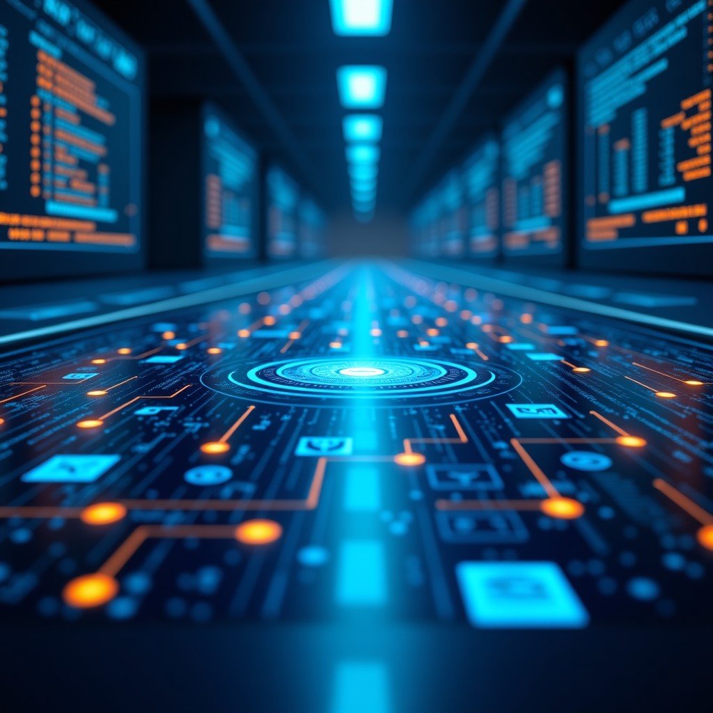 A high-tech digital environment displaying glowing data nodes and software interfaces interconnected in a modern command center, realistic, blue and orange color palette, 4:3 aspect ratio.