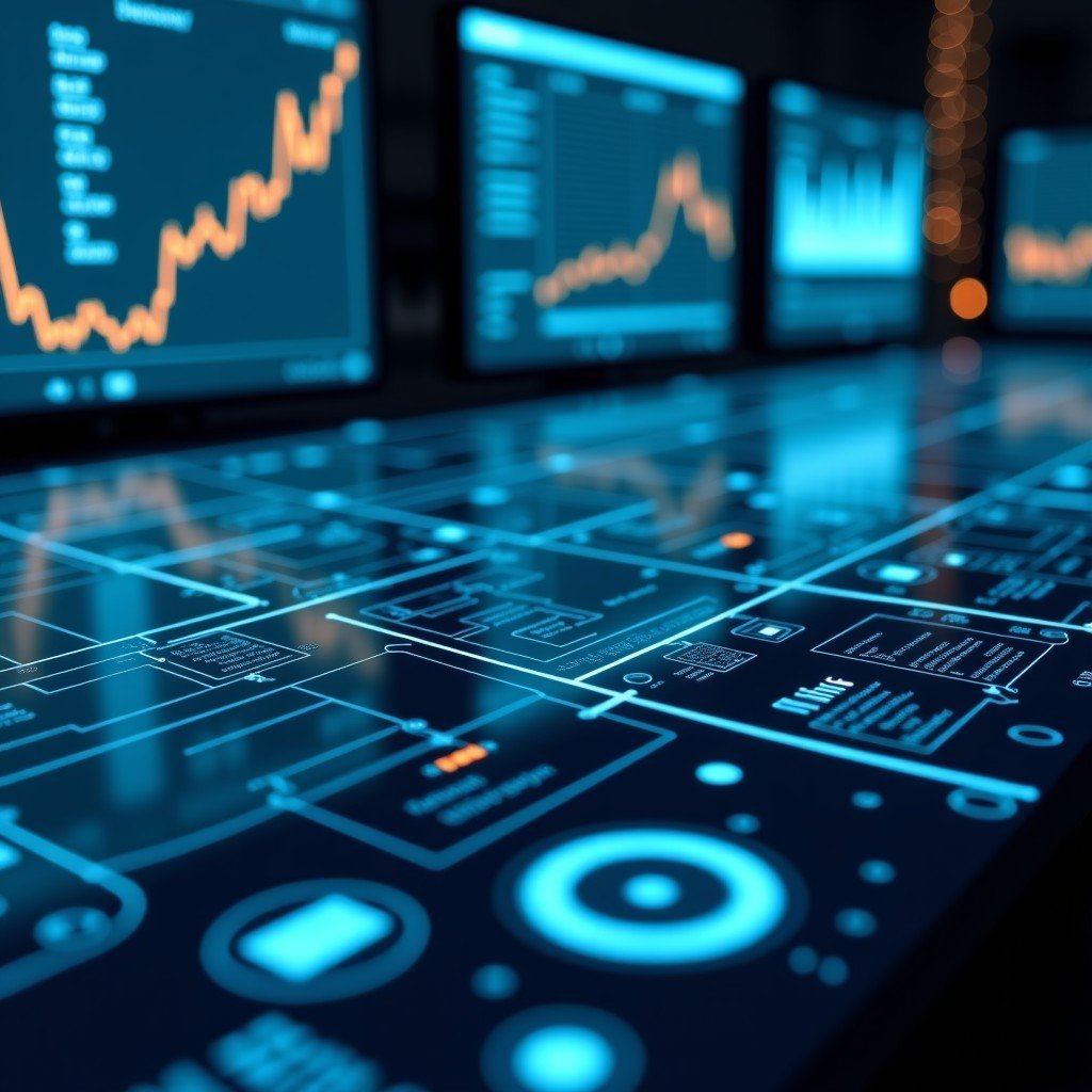 A realistic close-up of a modern command dashboard with digital map overlays and tactical software icons, glowing screens in a professional office, 4:3 aspect ratio.