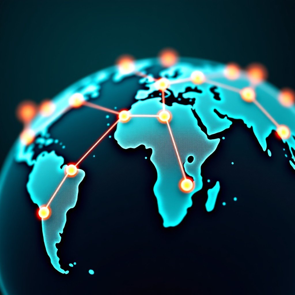 An abstract visual representation of global market connections, glowing nodes connected by lines across a stylized globe, deep blue and teal tones, cinematic composition, 4:3 aspect ratio.