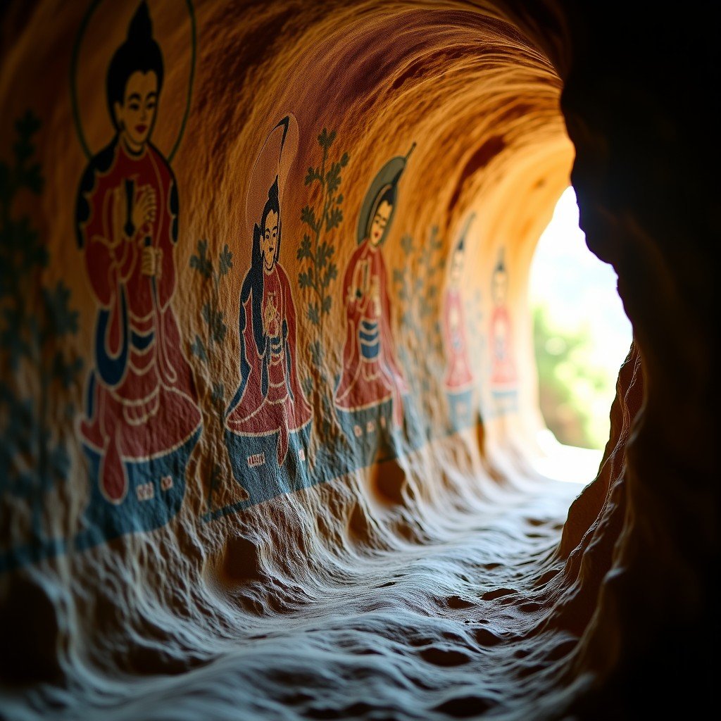 Close-up of ancient Buddhist wall paintings inside a cave, intricate details of traditional Chinese art, faded pigments on stone wall, soft warm lighting, cinematic depth of field, 4:3 aspect ratio.
