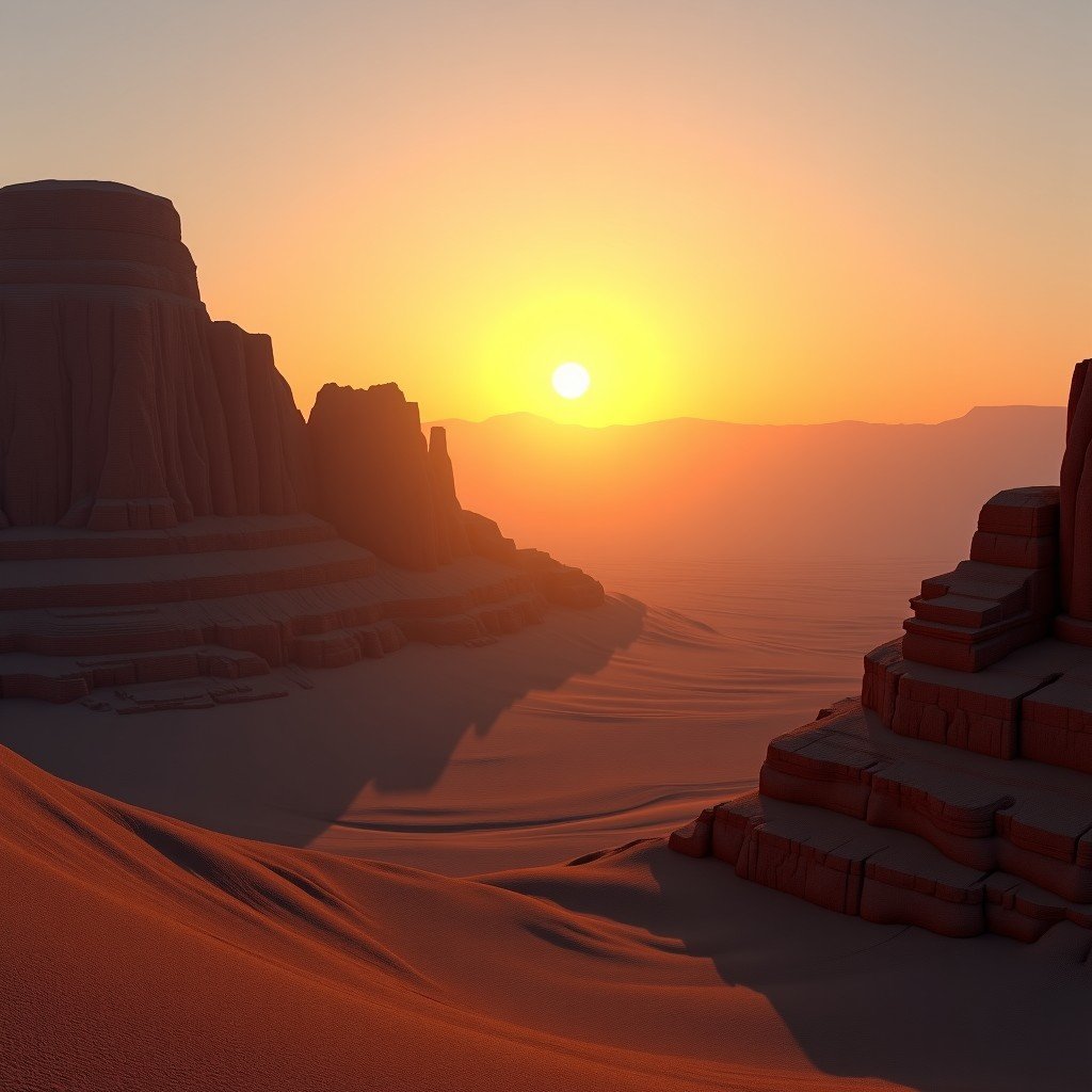 A beautiful view of the Mogao Caves area during sunset, golden light illuminating the desert landscape and the cliff architecture, peaceful atmosphere, high resolution photography, 4:3 aspect ratio.
