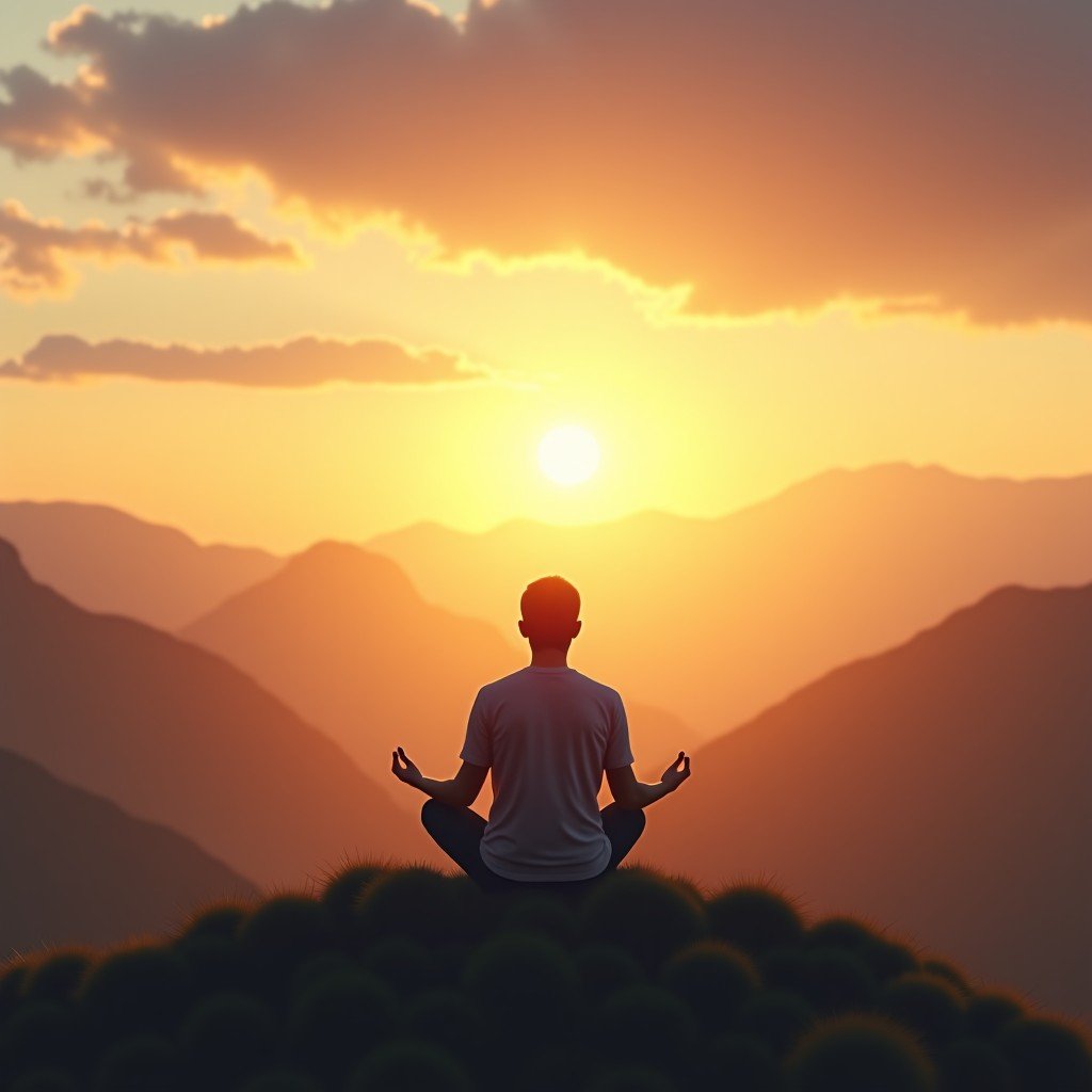 A peaceful landscape scene with a person meditating or looking at the horizon, representing mental wellness, bright daylight, cinematic quality, 4:3