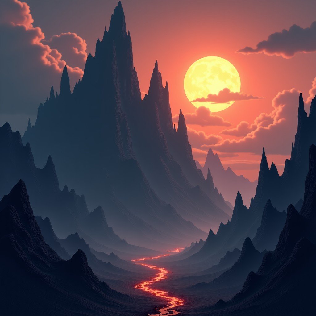 Dark fantasy atmosphere showing Mount Doom landscape with ominous clouds and jagged rocks realistic style 4:3