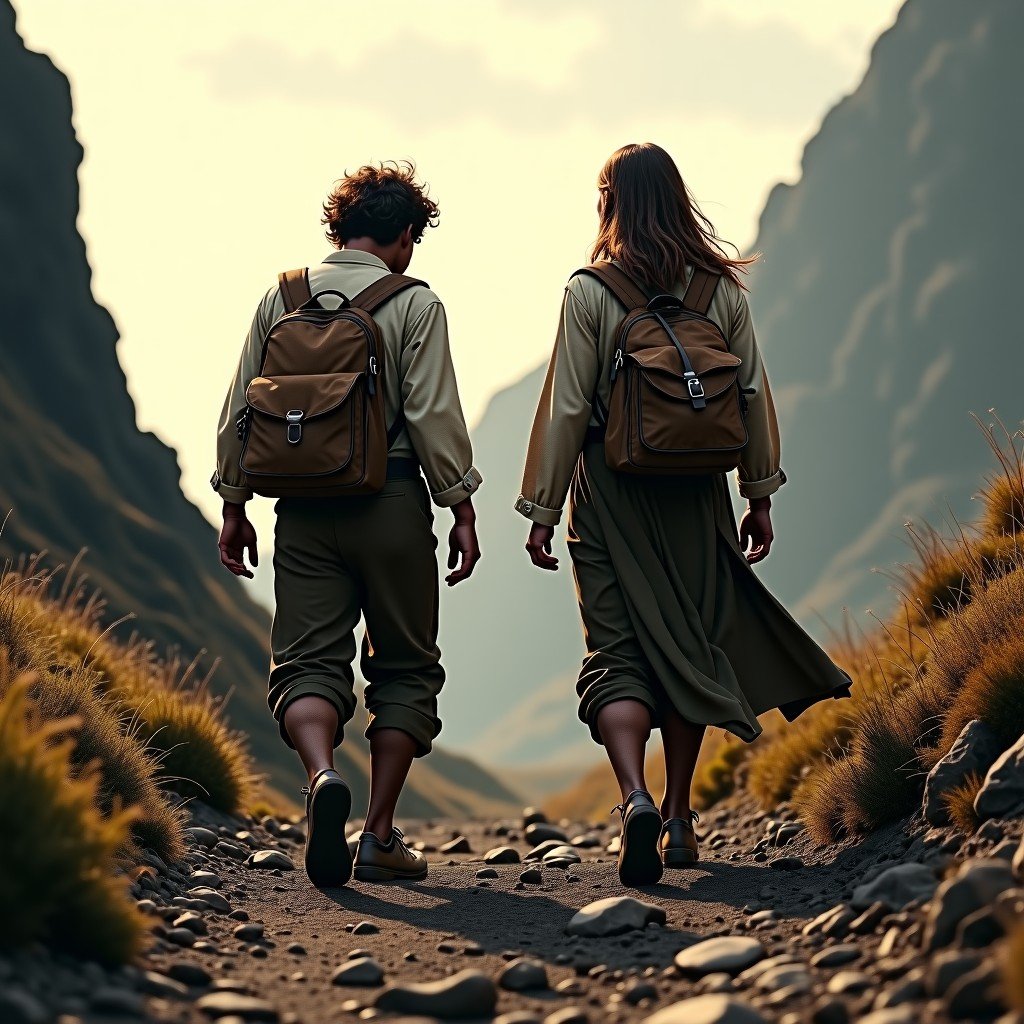 Two hobbits tired and dirty walking on a rugged volcanic path in Middle earth realistic detail 4:3