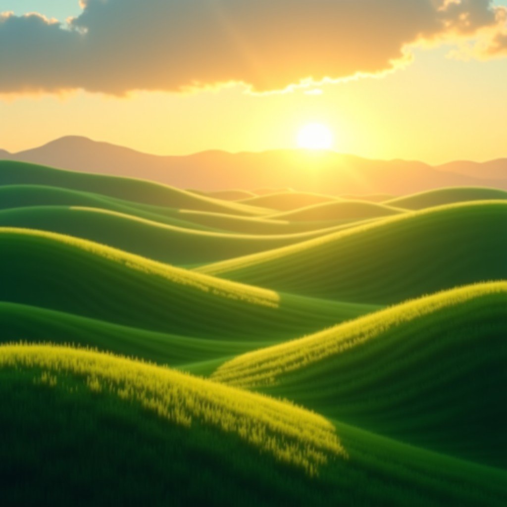 Peaceful green rolling hills of the Shire during sunset with warm sunlight soft focus 4:3