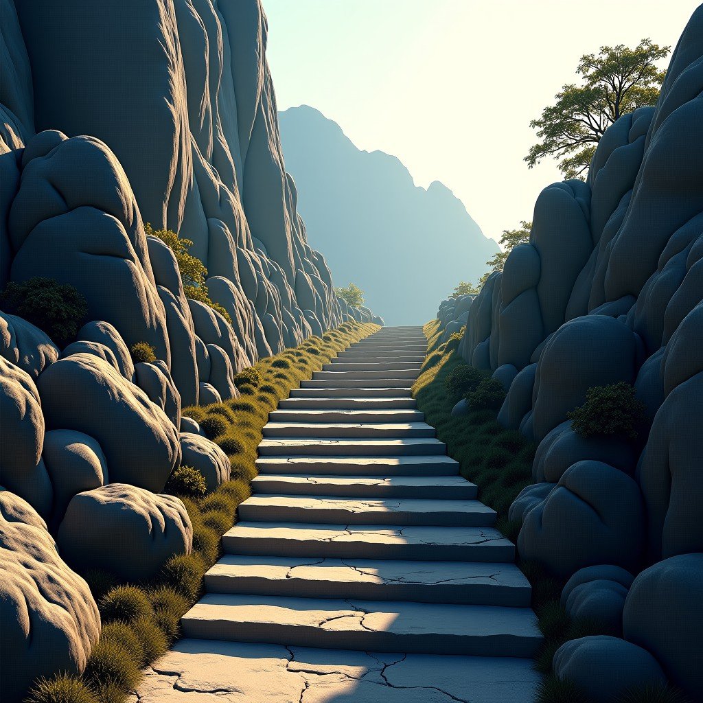 A steep stone staircase winding up the mountain side of Mount Taishan, ancient rock carvings on the side, realistic, early morning light, high definition, 4:3 ratio.