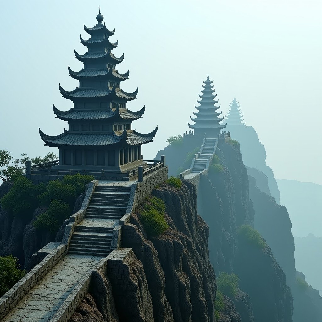 Ancient stone temple buildings on top of Mount Taishan, mist in the background, weathered stone textures, high resolution, 4:3 ratio.