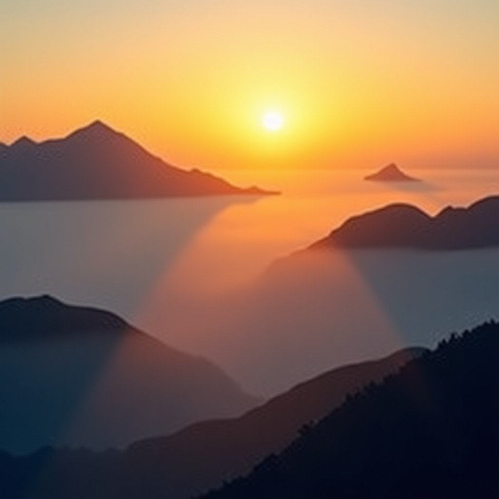 Golden sunrise over the layered peaks of Mount Taishan, dramatic clouds and sea of mist, majestic and serene, wide angle, 4:3 ratio.