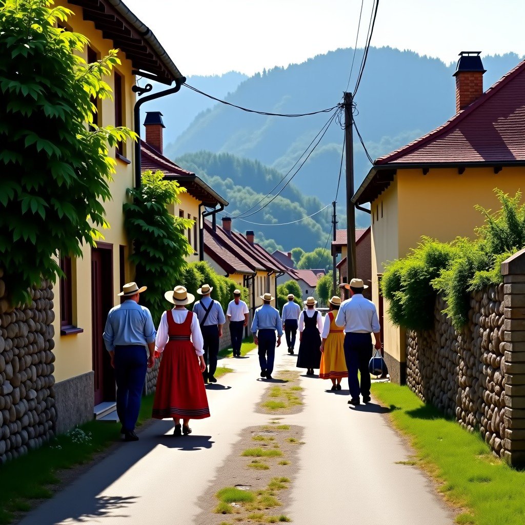 A peaceful street in the Old Village of Holloko with local people in traditional clothing, authentic Hungarian countryside setting, bright and natural, wide angle, 4:3 aspect ratio.