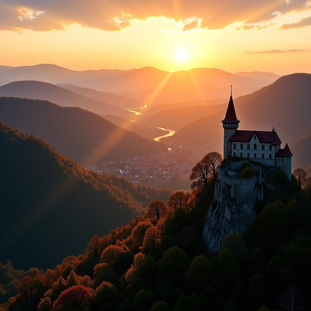 View from the top of Holloko castle overlooking the village and surrounding hills in Hungary, warm sunset lighting, detailed landscape, majestic atmosphere, 4:3 aspect ratio.