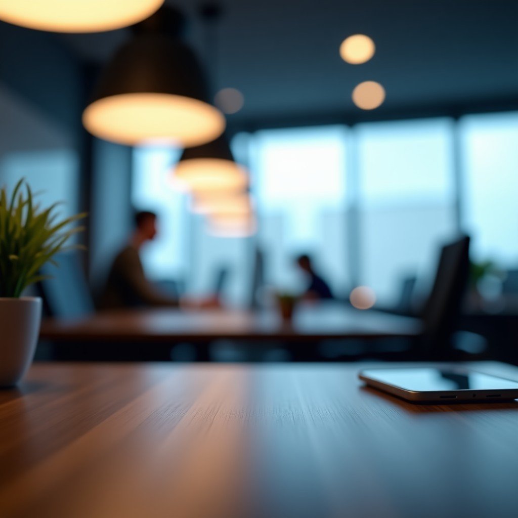 A modern office environment with blurred lights, professional atmosphere, minimalist desk setup, soft natural lighting, 4:3 aspect ratio.