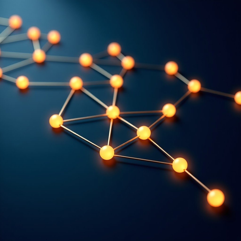 Abstract representation of corporate governance and decision making, glowing nodes connected, professional dark blue and gold theme, 4:3 aspect ratio.