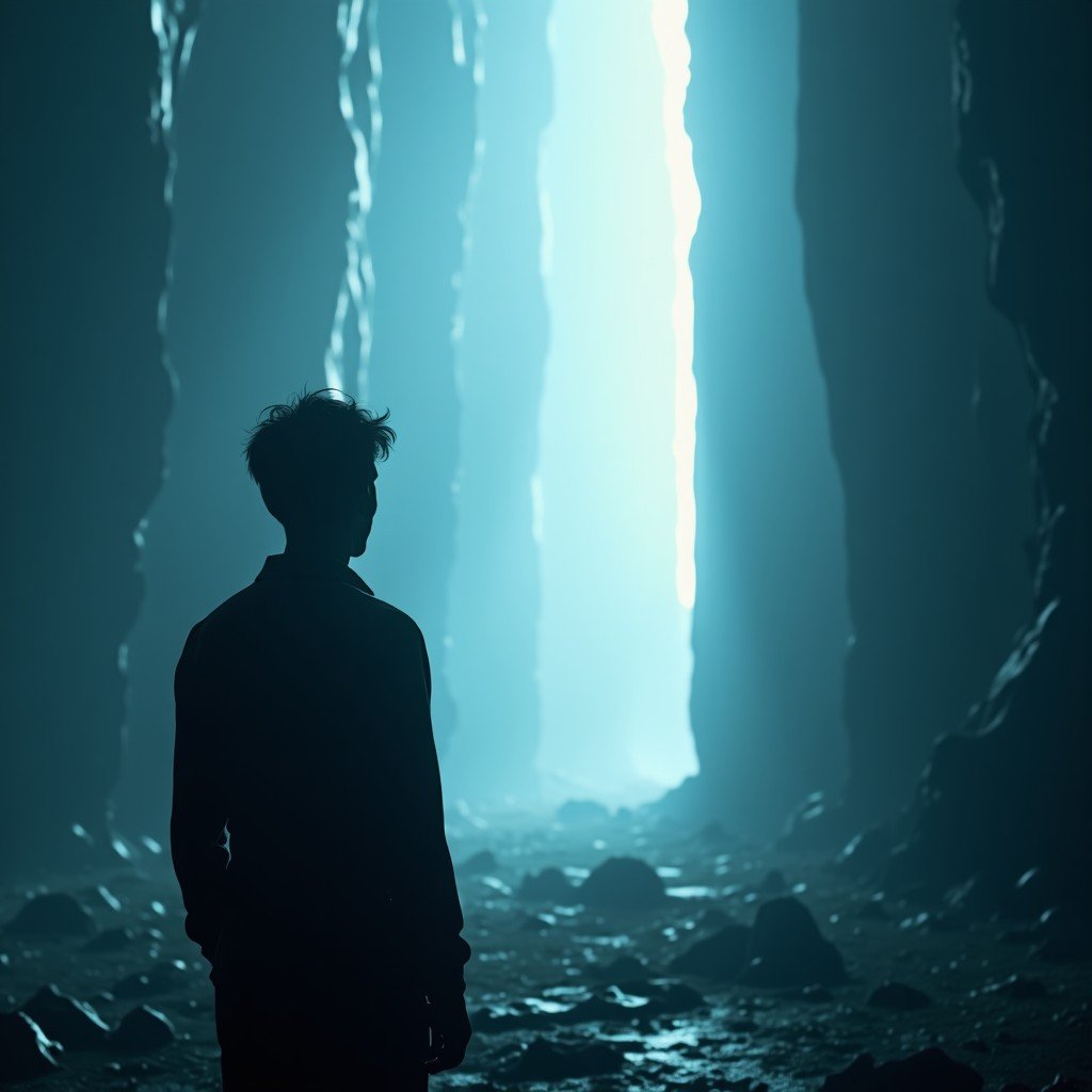 A contemplative scene, human silhouette looking at digital light, futuristic style, detailed textures, wide angle, 16:9 aspect ratio.