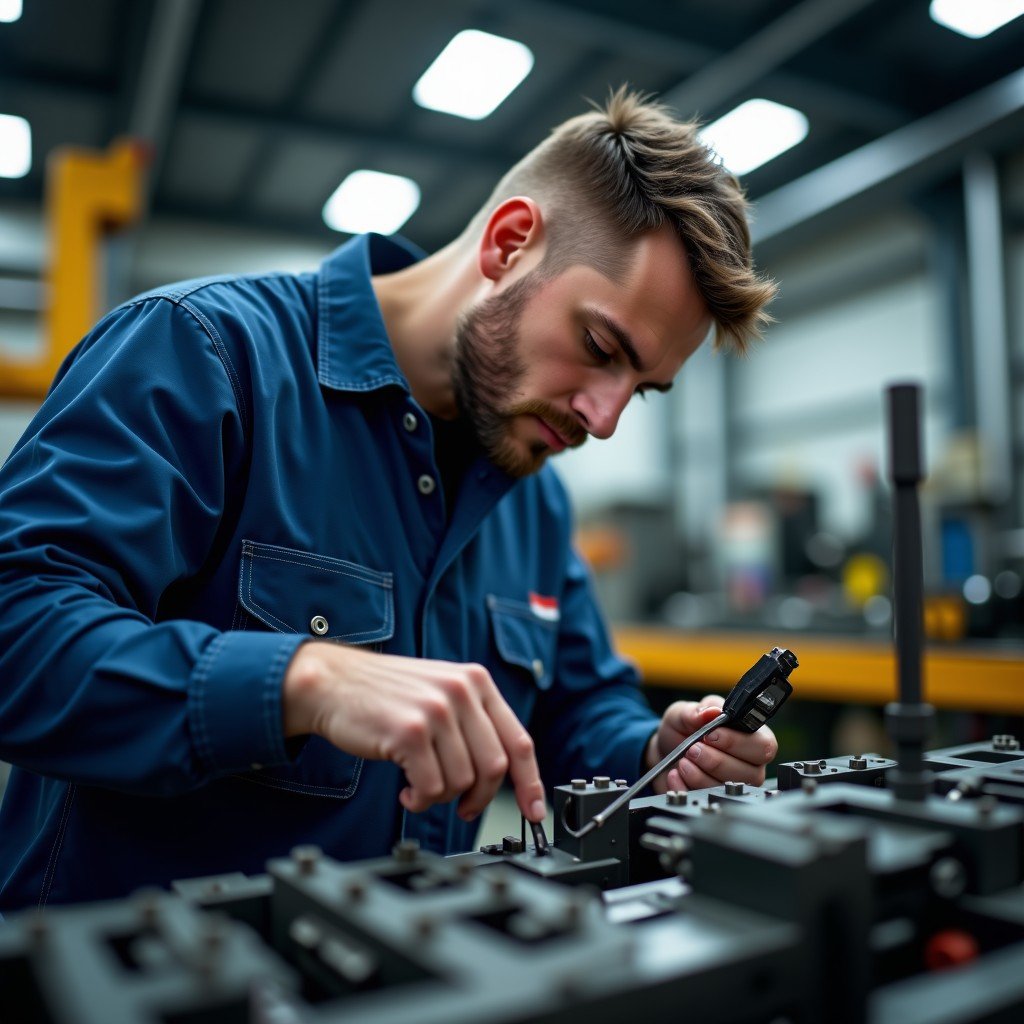 Close up of a skilled worker using tools to repair industrial machinery in a well lit environment, professional gear, depth of field, high resolution, realistic, 4:3.