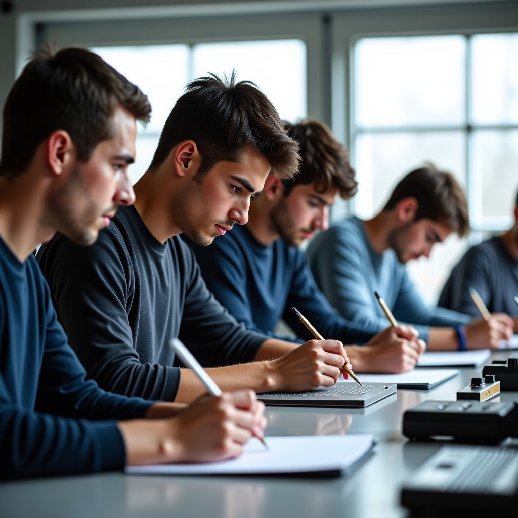 A group of students in a vocational workshop learning practical skills, focused and engaged, modern classroom equipment, natural lighting, realistic photography, 4:3.