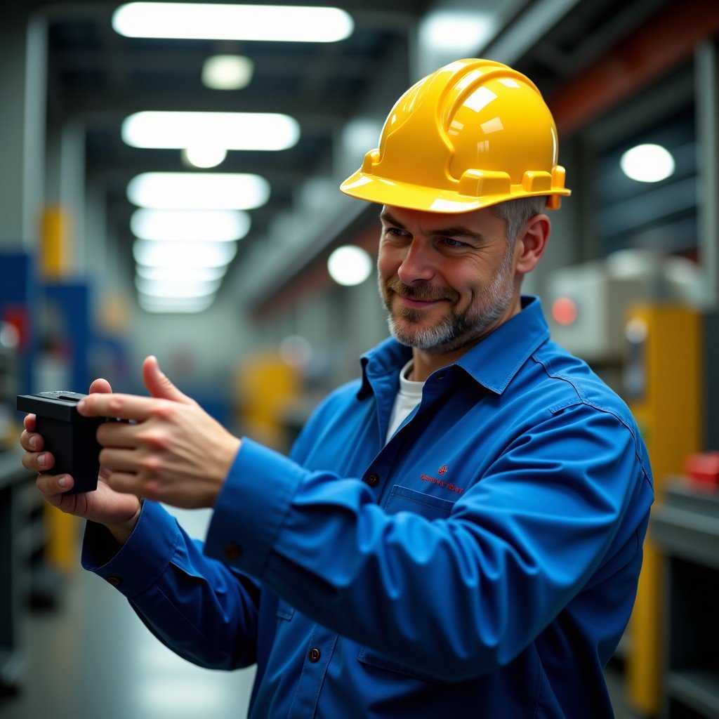 A senior technician inspecting a finished project with pride, industrial setting, sharp focus, vibrant colors, authentic professional atmosphere, 4:3.