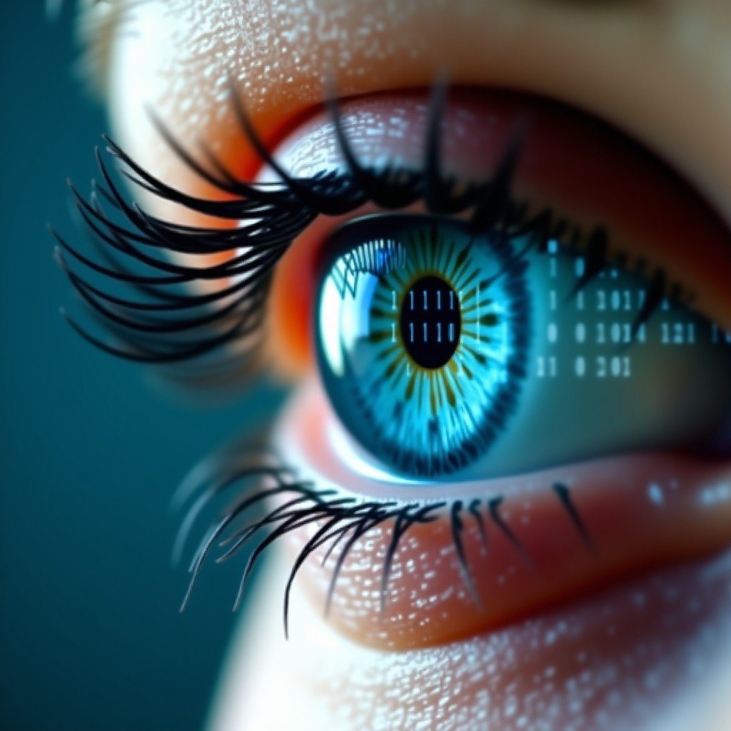 Close-up of a human eye reflecting binary codes, representing personal privacy in the digital age, abstract composition, soft natural lighting, 4:3 aspect ratio.