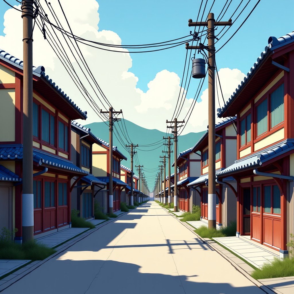 Detailed artistic composition of a street in late 19th century Korea with early signs of modernization and traditional buildings, 4:3