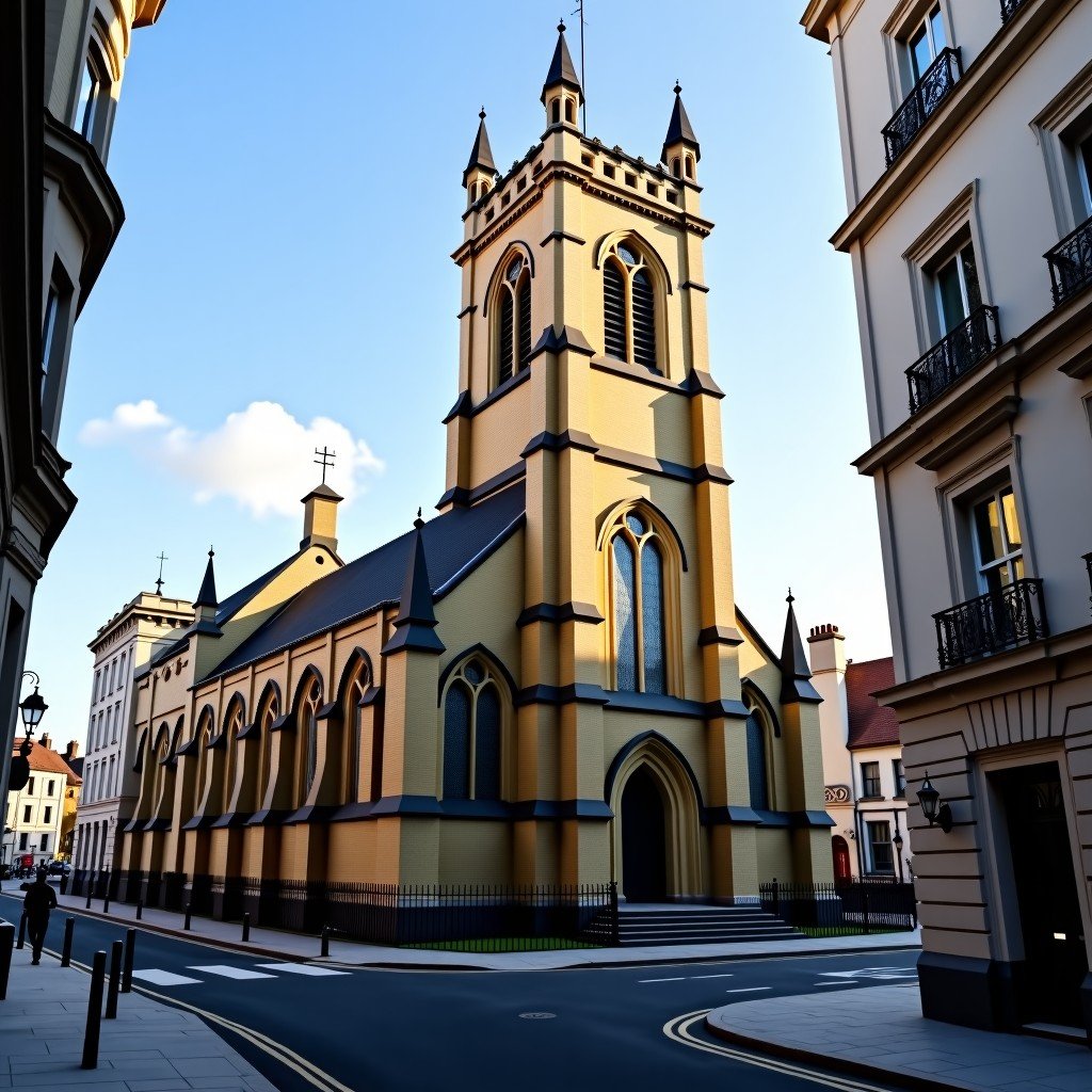The historic Saint Margarets Church architecture in London, clear sky, morning light, realistic photography style, 4:3 aspect ratio.