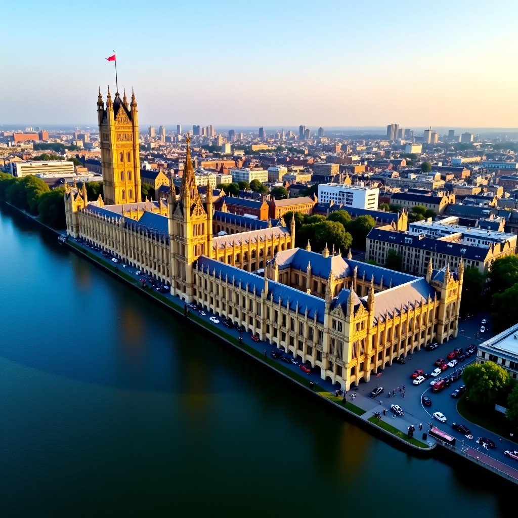 Aerial view of the Palace of Westminster along the Thames river, vibrant city colors, historical heritage site, high contrast, 4:3 aspect ratio.