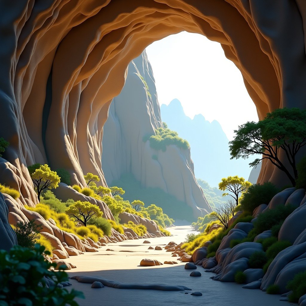 Ancient cave site landscape in China during early spring with soft natural lighting and historical atmosphere, realistic style, 1:1