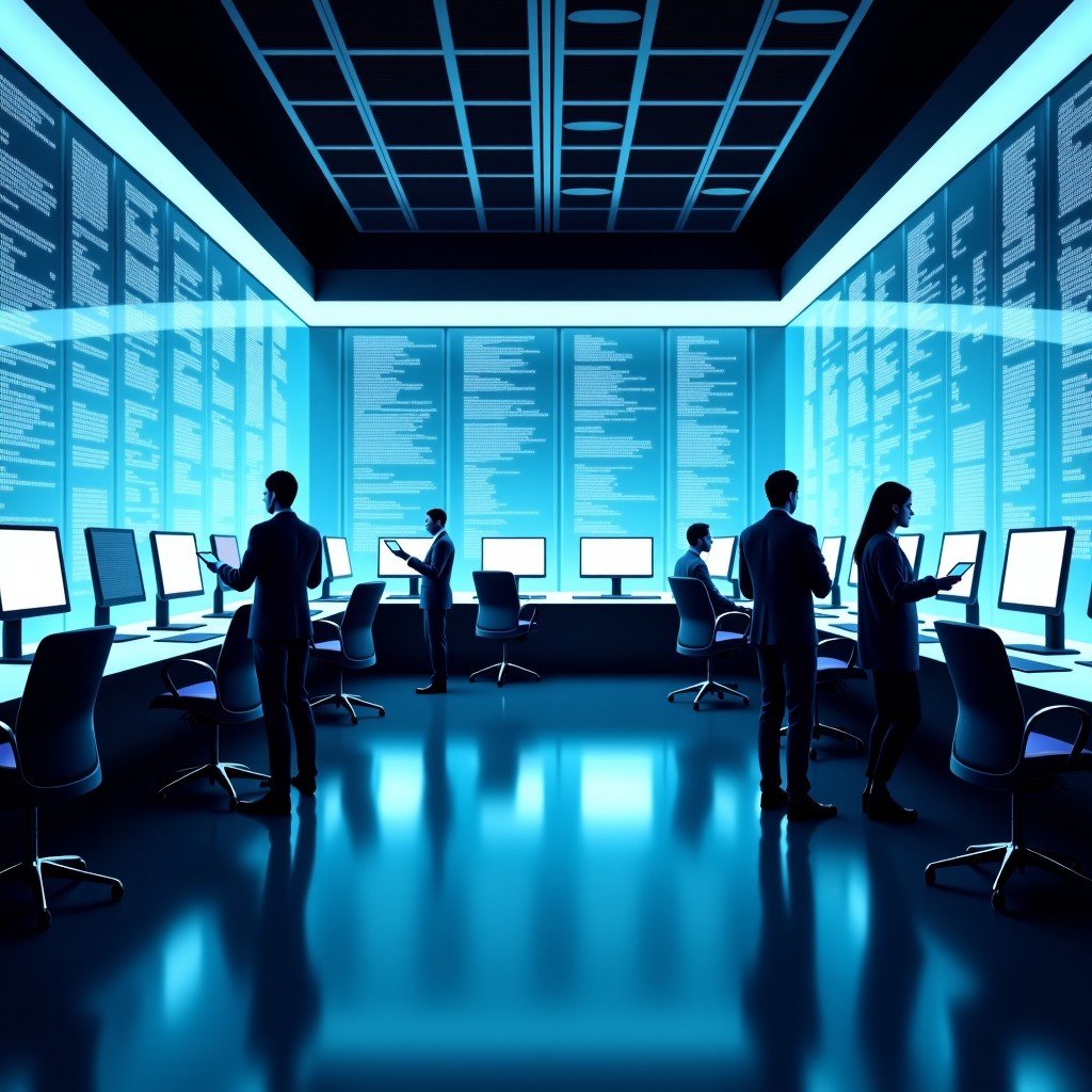 A high-tech server control room with professional engineers working on large glass displays showing data flow metrics, sophisticated design, bright balanced lighting, realistic style, 4:3 aspect ratio.