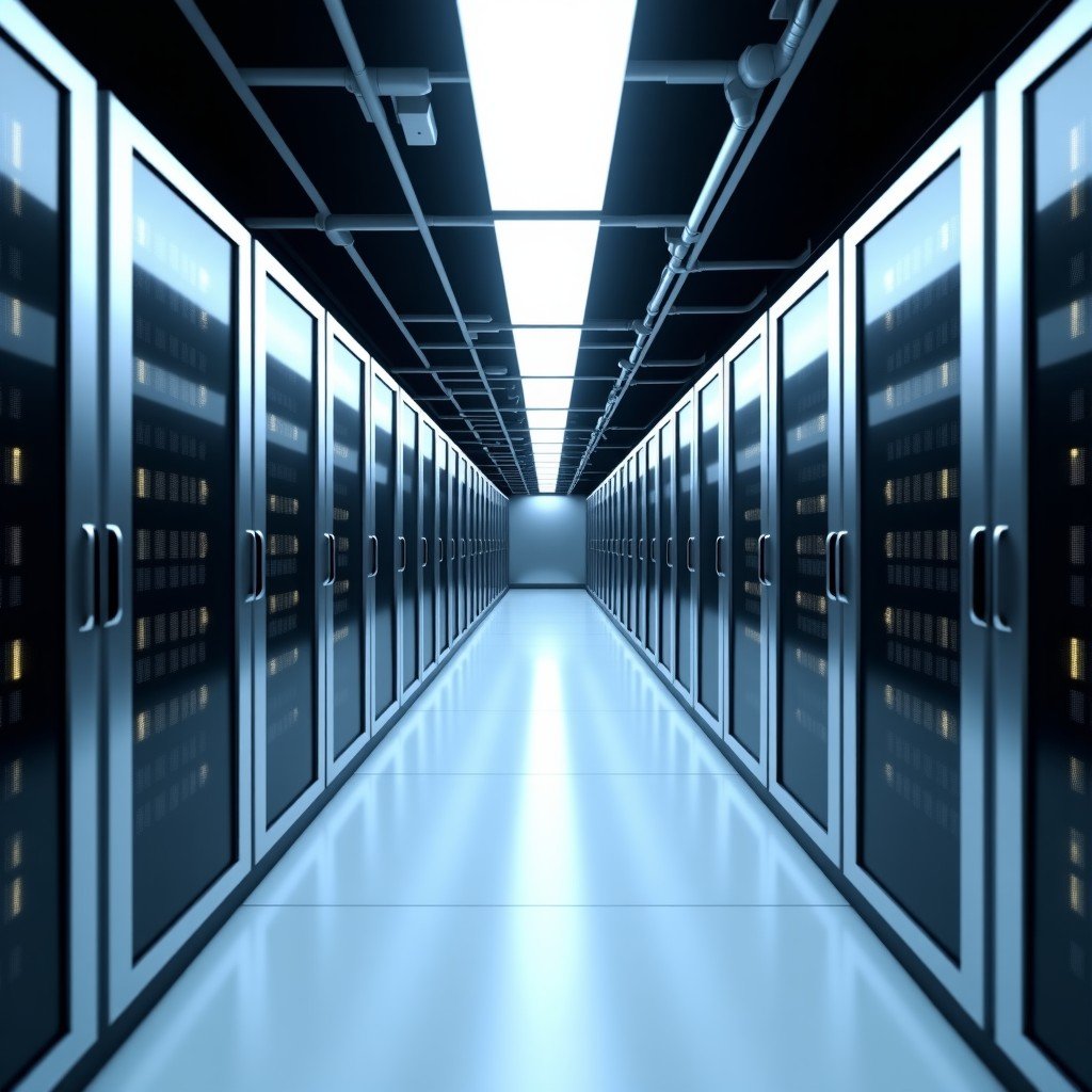 Wide angle shot of a futuristic data center corridor with rows of server cabinets, clean white LED floor lighting, industrial aesthetic, high precision, realistic style, 4:3 aspect ratio.